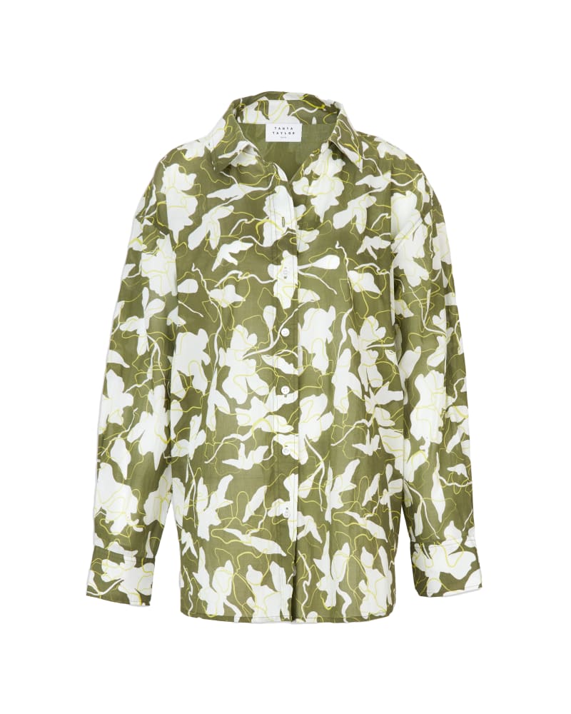 Front of a size XL Calandra Top in MOSS/KIWI MULTI by Tanya Taylor. | dia_product_style_image_id:294616